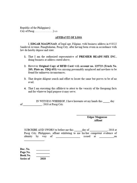 Format of Affidavit of Loss RFID Card 